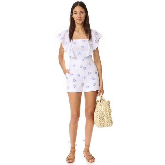 Club Monaco Darminda Floral Ruffle Romper in White Blue Size 6 - Picture 1 of 10